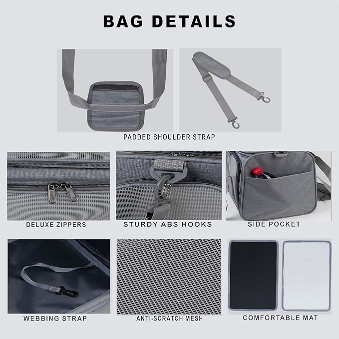 Airline Approved Soft Sided Pet Carrier for Small and Medium Dogs, Cats, and Puppies (Up to 15 lbs), Collapsible Portable Travel Bag for Dogs Cats (Grey)-Mewly Pet