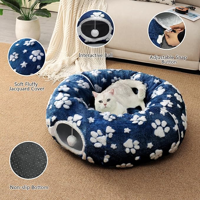 Cat Tunnel for Indoor Cats, Cute Peekaboo Cat Cave with Dangling Balls, Pet Donut Tunnel Bed with Circle Mat for Puppy Kitten Rabbit, Blue Paw-Mewly Pet