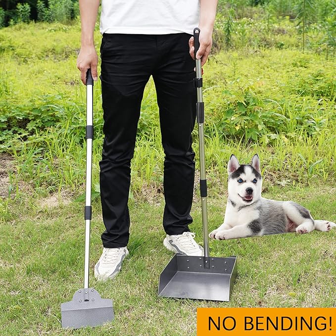 Dog Pooper Scooper for Large Dogs, Metal Aluminum Tray and Spade Poop Scoop Set with Adjustable Stainless Steel Long Handle, Pet Waste Removal Heavy Duty Poop Scooper-Mewly Pet
