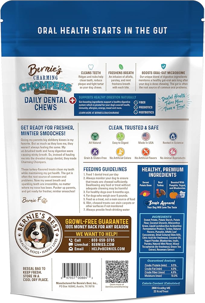 Bernie's Charming Chompers - Daily Dental Chews for Dogs 5-15 Lbs. - 22 Count - Cleans Teeth, Freshens Breath, + Boosts Oral-Gut Microbiome. Easy to Digest, Supports Healthy Digestion Naturally-Mewly Pet