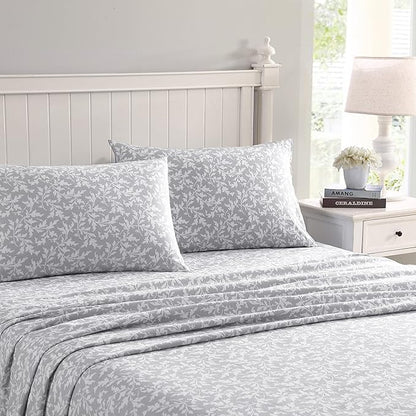 Laura Ashley - Flannel Sheets King Size, Anti-Pilling & Wrinkle Resistant Cotton, Touchably Soft for All-Season Comfort - Bed Sheets with Matching Pillowcases & Fitted Sheet (Crestwood Pastel Grey)
