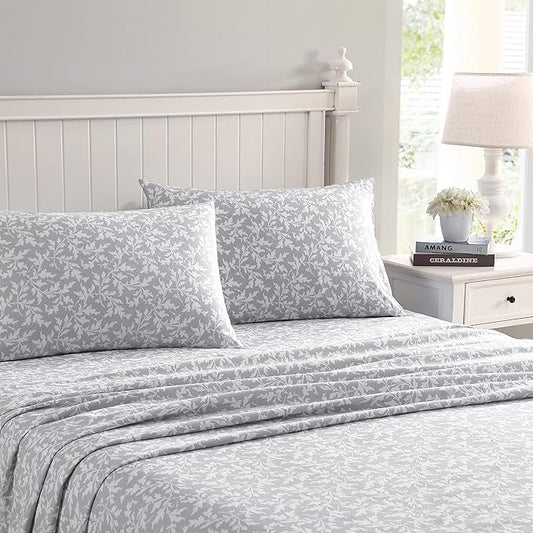 Laura Ashley - Flannel Sheets Full Size, Anti-Pilling & Wrinkle Resistant Cotton, Touchably Soft for All-Season Comfort - Bed Sheets with Matching Pillowcases & Fitted Sheet (Crestwood Pastel Grey)