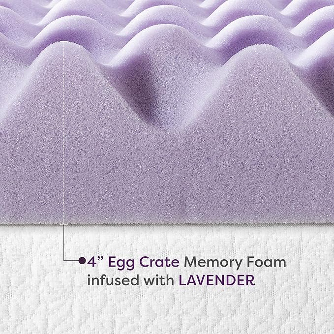 Best Price Mattress 4 Inch Egg Crate Memory Foam Mattress Topper with Soothing Lavender Infusion, CertiPUR-US Certified, Dorm Essentials, Queen