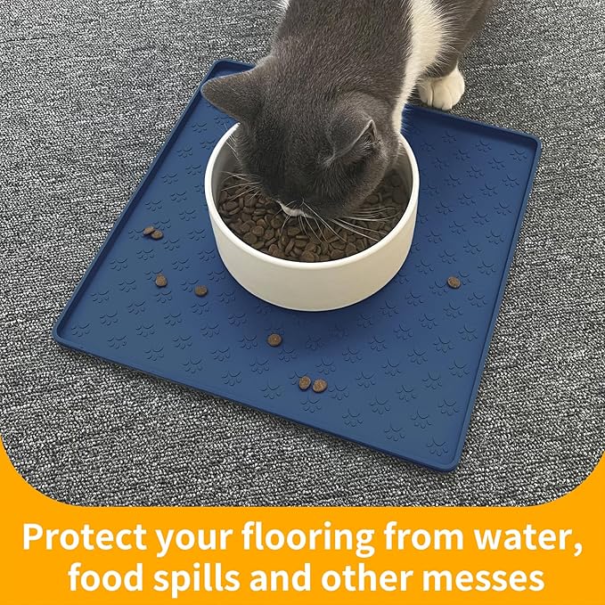 Ptlom Pet Placemat for Dog and Cat, Waterproof Non-Slip Silicone Feeding Bowl Mat Prevent Food and Water Overflow, Puppy Dish Feeder Fountain Trays Suitable for Medium and Small Pets, Navy Blue-Mewly Pet