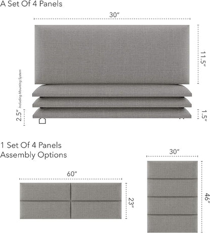 Vänt Upholstered Wall Panels - Queen/Full Size Wall Mounted Headboards - Weave Moondust Grey - Set of 4 Panels (Each Individual Panel 30"x11.5")