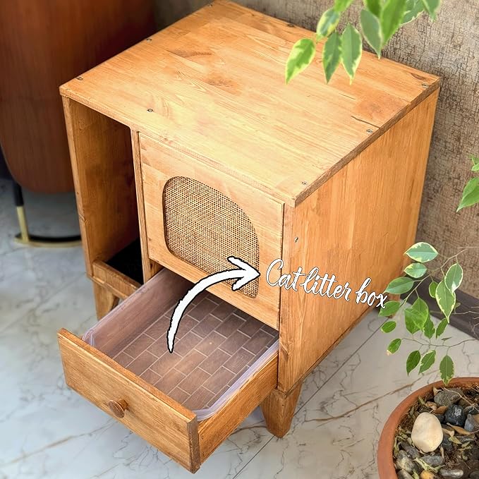 Cat Litter Box | Hidden Litter Box Furniture with Removable Divider | Wooden Cat Washroom Furniture | Indoor Cats House (Wood)-Mewly Pet