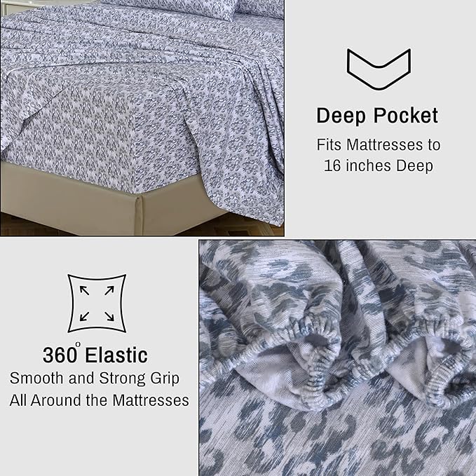 RUVANTI Flannel Sheets King Size - 100% Cotton Brushed King Size Sheets Set - Deep Pockets 16 Inches Bed Sheets - All Seasons Breathable & Extra Soft - Warm & Cozy, 4 Piece, Damask