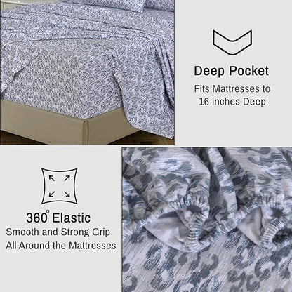 RUVANTI Flannel Sheets King Size - 100% Cotton Brushed King Size Sheets Set - Deep Pockets 16 Inches Bed Sheets - All Seasons Breathable & Extra Soft - Warm & Cozy, 4 Piece, Damask