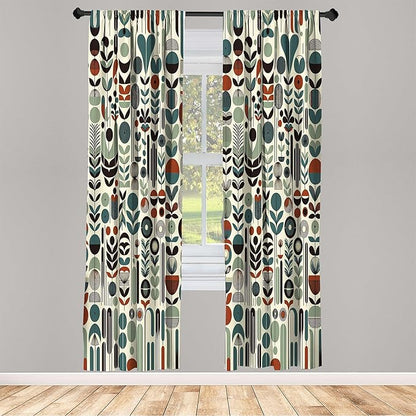 Ambesonne Leafy Art Curtains, Scandinavian Leaves Pattern with Geometric Roundy Modern Boho Print, Window Treatments 2 Panel Set for Living Room Bedroom, Pair of - 28" x 63", Pale Green Redwood Teal