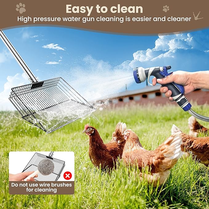 Chicken Poop Scooper for Sand - 10-inch 37 to 63" Long Chicken Coop Scoop with Stainless Steel Handle, Chicken Coop Cleaning Rake for Poop, Large Hen Litter Sifter Shovel-Mewly Pet