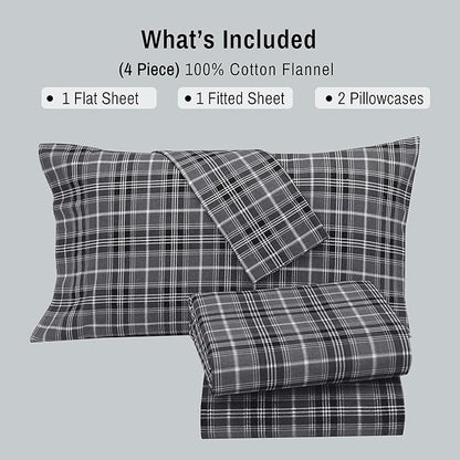RUVANTI Flannel Sheets Split King Size - 100% Cotton Brushed Split King Bed Sheets Set, Deep Pockets 16 Inches, All Seasons Breathable & Extra Soft, Warm & Cozy, 5 Piece, Grey Plaid