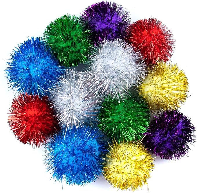 AUEAR, 12 Pack 2 Inch Sparkle Ball Shiny Glitter Tinsel Pom Poms Interactive Cat Balls for Kittens (6 Colors)-Mewly Pet