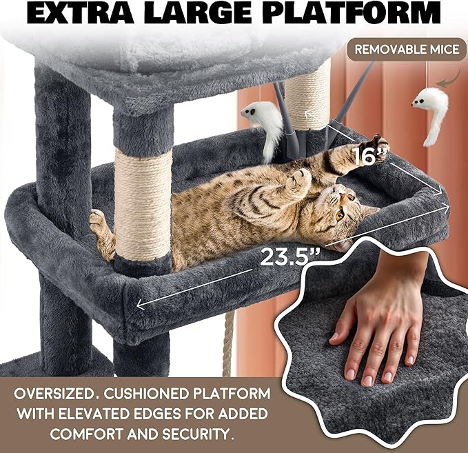 Large Cat Tree Tower for Large Cats, Cat Scratching Post, Self Grooming Post, Interactive Cat Toys, Oversized Perch and Basket, Heavy Duty 72", Dark Grey-Mewly Pet