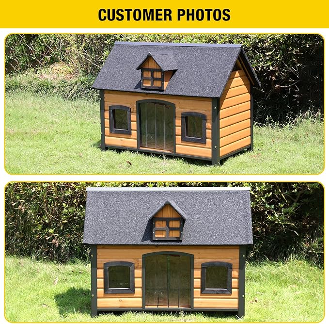 Aivituvin Large Dog House Anti-Chewing Metal Frame Design Insulated Wooden Dog Kennel with Unique Design Roof, Weatherproof Dog House for Outdoor Indoor-Mewly Pet