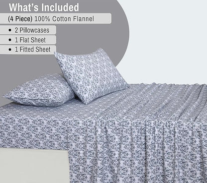 RUVANTI Flannel Sheets Full Size - 100% Cotton Double Brushed Bed Sheets Set, Deep Pockets 16 Inches, All Seasons Breathable & Extra Soft Full Sheets, Warm & Cozy, 4 Piece, Damask