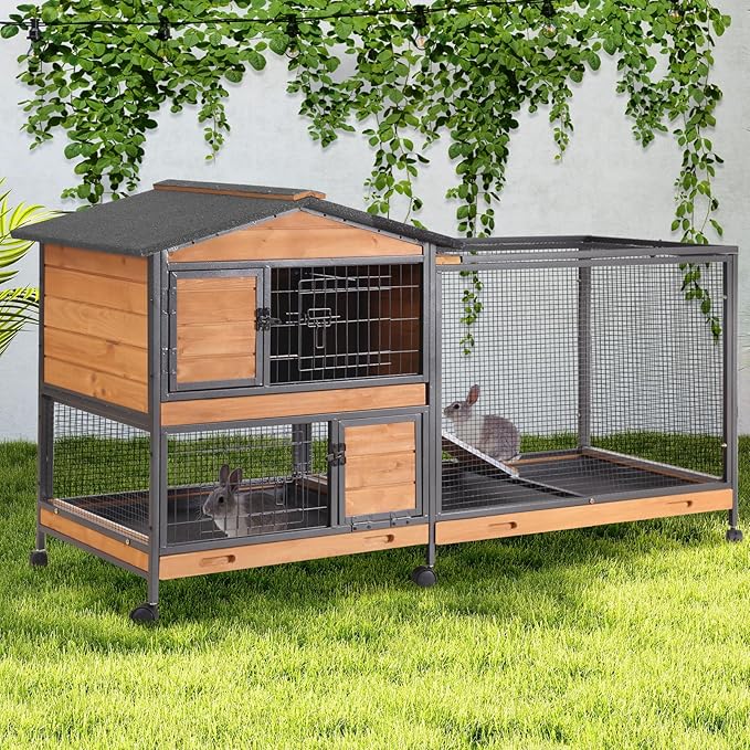GUTINNEEN 2-Story Rabbit Hutch with Chew-Proof Full Metal Frame for Indoor/Outdoor - 62" Bunny Cage with 6 Locking Casters & 2 Pull-Out Trays for Rabbits, Guinea Pigs, Small Pets (Brown)-Mewly Pet