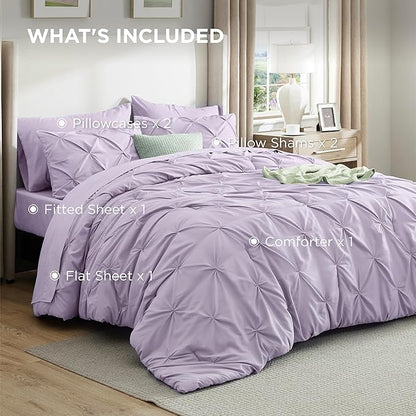 Bedsure King Size Comforter Set Light Purple - Bed in a Bag Bedding Set 7 Pieces, GentleSoft™ Pintuck Bed Set Gift for Family, Pinch Pleat Light Purple Comforter with Sheets, Pillowcases & Shams