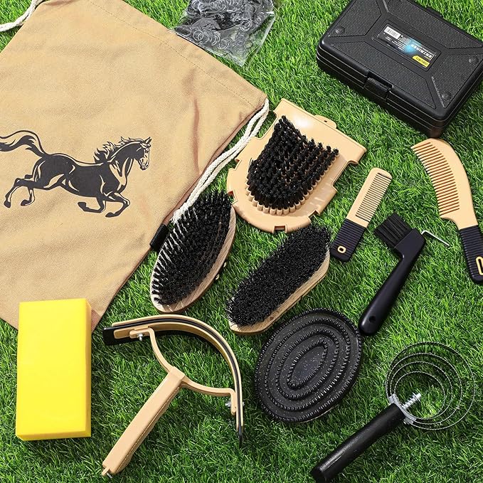 Abbylike 12 Pieces Horse Grooming Kit Racing Festival Tack Room Supplies Horse Brush Sets Equine Care Cleaning Kit Shedding Grooming Massaging Tools(Black)-Mewly Pet