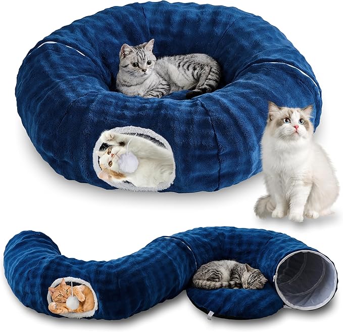 Bubble Cat Tunnel for Indoor Cats, Round Peekaboo Cave Toy with Dangling Balls, Donut Tunnel Bed with Circle Mat for Puppy Kitten Rabbit, Navy Blue-Mewly Pet