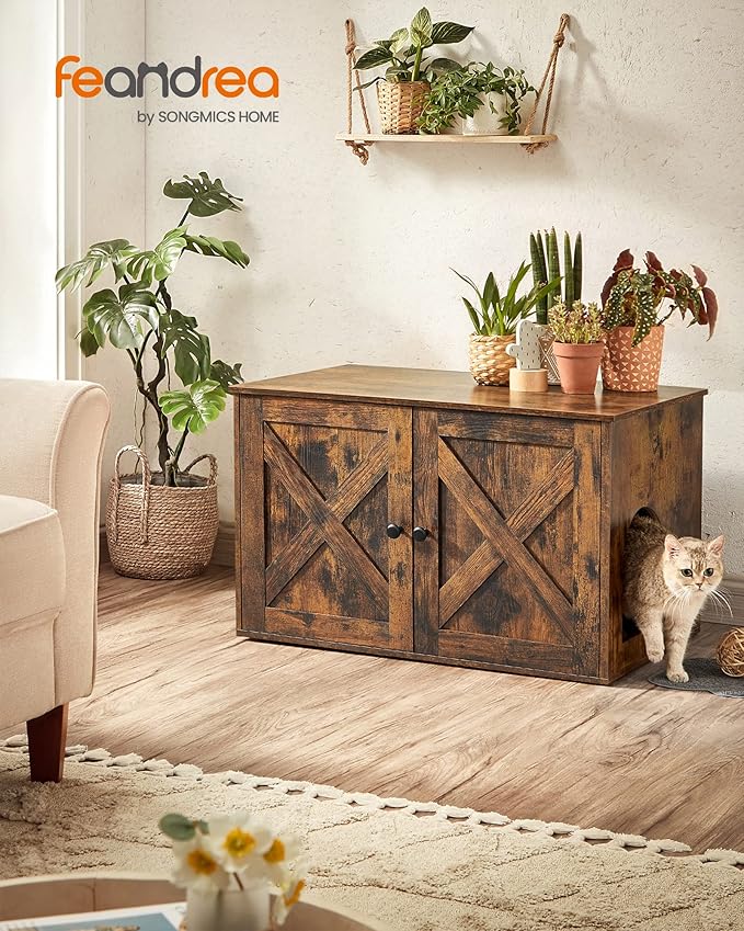 Feandrea Cat Litter Box Enclosure, Litter Box Furniture Hidden with Removable Divider, Indoor Cat House, End Table, 31.5 x 20.9 x 19.7 Inches, Rustic Brown UPCL002X01-Mewly Pet