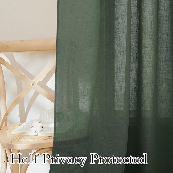 RYB HOME Semi Sheer Curtains 90 inches Long, Light Filtering Privacy Natural Farmhouse Linen Texture Drapes for Living Room Bedroom Dining Room, W 52 x L 90 inches, Hunter Green, 2 Panels