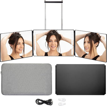 3 Way Mirror, Three Way Mirror for Braiding Hair & Hair Styling, LED Mirror, 360 View