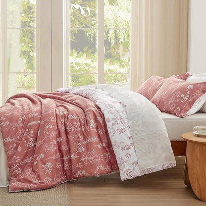 Bedsure Queen Comforter Set - Grayish Pink Bed Set, 3 Pieces Cute Floral Bedding, 1 Soft Reversible Botanical Flowers Comforter and 2 Pillow Shams