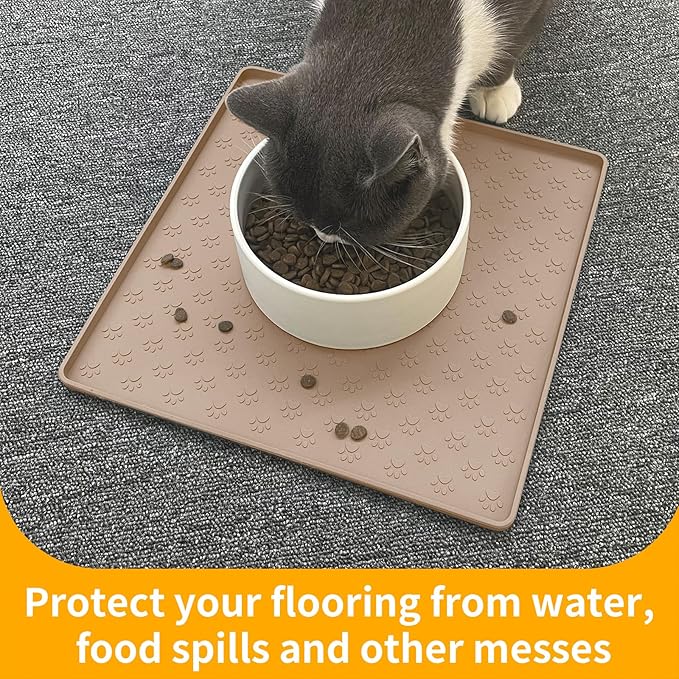 Ptlom Dog Food Mat Anti-Slip Bowl Mats for Food and Water, Waterproof Silicone Pet Placemat with High Raised Edges, Non-Slip Puppy Feeding Tray for Small, Medium Large Cats Dogs, Taupe, 11.8"x11.8"-Mewly Pet