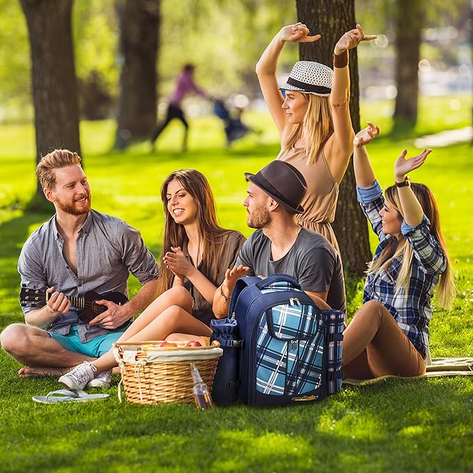 Apollo walker Picnic Backpack Set for 4 with Cooler Compartment,Detachable Bottle/Wine Holder Including Large Picnic Blanket(45"x 53") for Picnic Family and Lovers Gifts,Outdoor,BBQ Time (Blue)-Mewly Pet