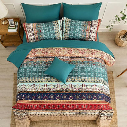Cottolester Boho Full Size Comforter Set 8 Pieces,Green and Brown Bohemian Striped Bed in a Bag,Floral Soft Microfiber Bedding Comforter Set