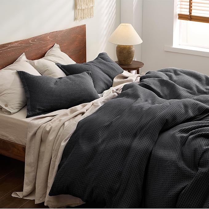 Bedsure Cotton Duvet Cover Set - 100% Cotton Waffle Weave Charcoal Duvet Cover Oversized Queen Size, GentleSoft™ and Breathable Bedding Set for All Season, 3 Pieces, 98"x98"