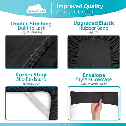 DREAMCARE Twin XL Sheet Sets – 3pcs Cooling Sheets – up to 21” Extra Deep Pocket Twin XL Sheets Set – Hotel Luxury Sheets & Pillowcases – Superior Softness 100% Fine Microfiber with Side Pocket –Black