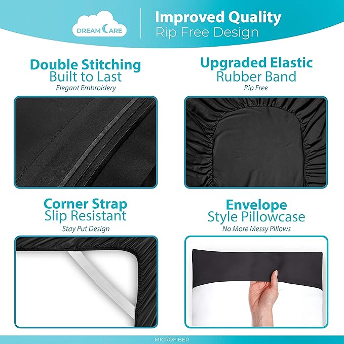 DREAMCARE King Size Sheets Set – 6 pcs Cooling Bed Sheets – up to 15” Deep Pocket King Sheet Set – 2500 Supreme Collection – Extra Soft 100% Brushed Microfiber Hotel Luxury with Side Pocket – Black