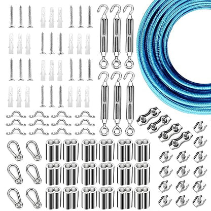 Globe String Light Suspension Kit, Outdoor Light Guide Wire, Vinyl Coated Stainless Steel Steel Cable，Include 200ft Transparent PVC and 304 Stainless Steel Wire Cable, Turnbuckle and Hooks