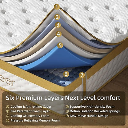 Cooling Gel Memory Foam Hybrid Mattress, 12 Inch King Size Mattress in A Box with Pocket Springs for Back Pain & Pressure Relief, Medium Firm Feeling with CertiPUR-US Certified Foam