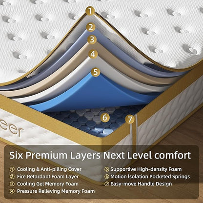 Cooling Gel Memory Foam Hybrid Mattress, 12 Inch Full Size Mattress in A Box with Pocket Springs for Back Pain & Pressure Relief, Medium Firm Feeling with CertiPUR-US Certified Foam