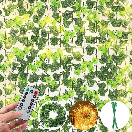 JACKYLED 90Ft 12 Pack Artificial Ivy Garland with 200 LED String Light, Fake Ivy Garland Vines with Deep Green and Light Green Leaves, Hanging Vines Fake Plants for Bedroom Garden Party Wall Decor