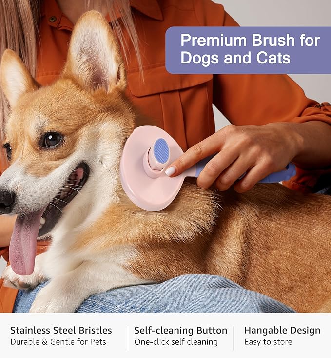 Pet Self-Cleaning Slicker Brush for Dogs & Cats, Deshedding Grooming Comb, Removes Loose Undercoat Hair & Mats, Skin-Friendly Massaging Tool for Long/Short Fur, Large & Small Breeds (Purple)-Mewly Pet
