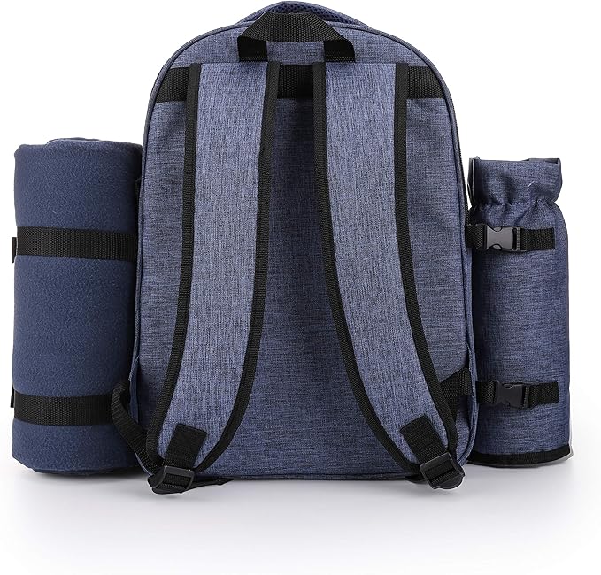 Apollo Walker Picnic Backpack Bag for 2 Person with Cooler Compartment, Detachable Bottle/Wine Holder, Fleece Blanket, Plates and Cutlery Set (2 Person, Navy)-Mewly Pet