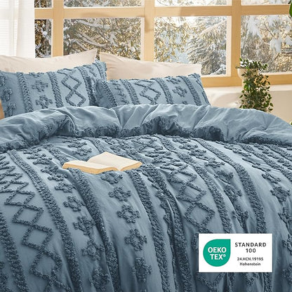 Bedsure Tufted Boho Comforter Set Queen Size - Grayish Blue Boho Bed Set, GentleSoft™ 3 Pieces Farmhouse Shabby Chic Embroidery Bedding, Gifts for Woman, Soft Jacquard Queen Comforter for All Seasons