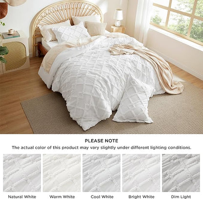 Bedsure Boho Comforter Set King - White Tufted King Size Comforter, 3 Pieces Farmhouse Shabby Chic Embroidery Bed Set, Soft Fluffy Geometric Pattern Bedding for All Seasons