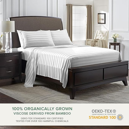 Queen Sheets by Pure Bamboo, Genuine 100% Organic Viscose Derived from Bamboo Bed Sheet Set, Luxuriously Soft & Cooling, Double Stitching, Lifetime Quality Promise (Queen, Jacquard White)