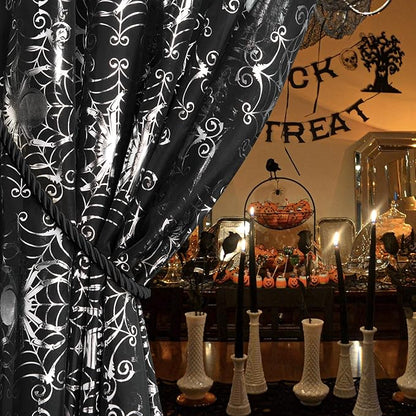 NICETOWN Black Voile Sheer with Glitter Silver Web, Grommet Halloween Spider Pattern for Window Decor, Party & Seasonal Home, W54 x L96, 2 Panels
