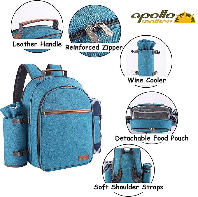 Apollo Walker Picnic Backpack Set for 2 Person with Cooler Compartment, Detachable Bottle/Wine Holder, Fleece Blanket, Plates and Cutlery Set (Teal)-Mewly Pet