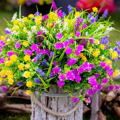 Artificial Flowers Outdoor Fake Plants - 12 Bundles UV Resistant Shrubs No Fade Faux Plastic Greenery Home Garden Porch Patio Decoration Indoor (1, Multi-12pcs)