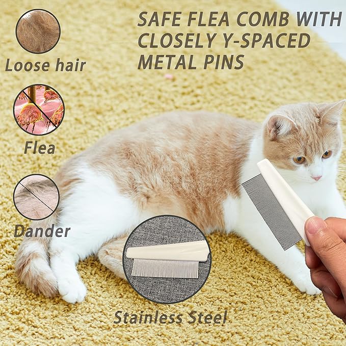 Cat Grooming Brush Kit 6 Tools - Deshedding & Dematting for Long/Short Hair, Self-Cleaning Slicker Brush with 6-in-1 Flea Comb for Cats & Kittens (White)-Mewly Pet