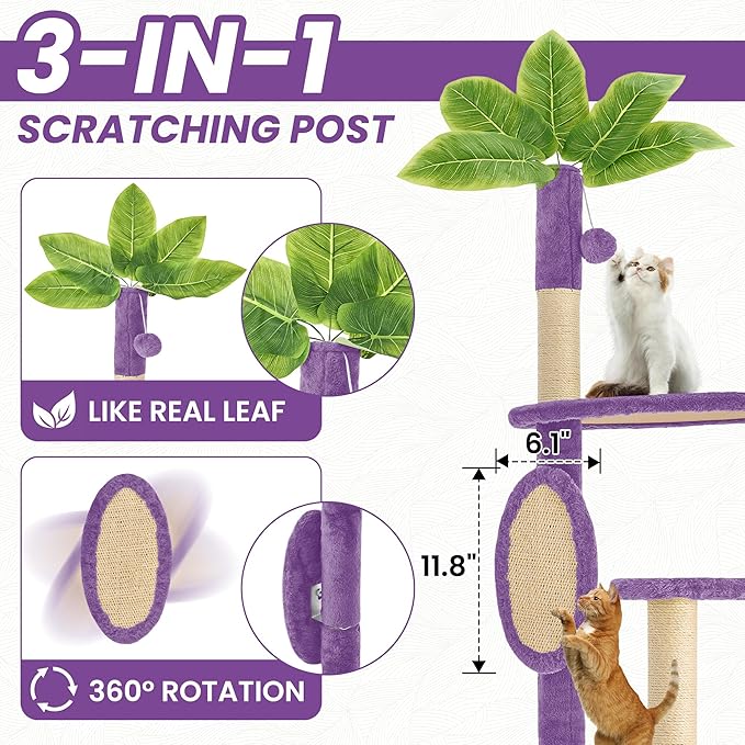 55 Inch Large Cat Tree Tower for Indoor Cats with Hammock Green Leaves Sisal Scratching Post, Plush Hang Ball Play Furniture for Kittens & Adult Cats, New Purple-Mewly Pet