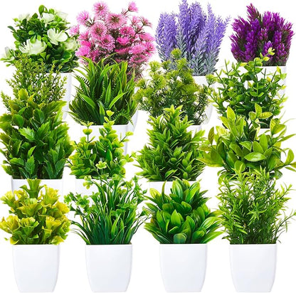 Mimorou 16 Pcs Small Fake Plants Mini Artificial Potted Plants Faux Pot Flowers Indoor Plastic Eucalyptus Greenery for Home Bathroom Living Room Office Decor