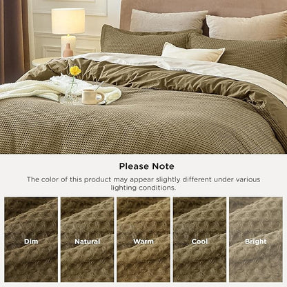 Bedsure Cotton Duvet Cover Queen Size - 100% Cotton Waffle Weave Fennel Seed Duvet Cover Queen Size, GentleSoft™ and Breathable Bedding Set for All Season, 3 Pieces, 90"x90"