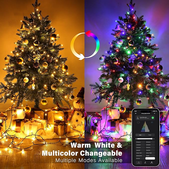 Brizled Smart Christmas String Lights, 66FT 200 LED Color Changing Christmas Lights App & Voice Control, Dimmable Warm White & Multicolor Xmas Tree Light Music Sync for Indoor Outdoor Wedding Party